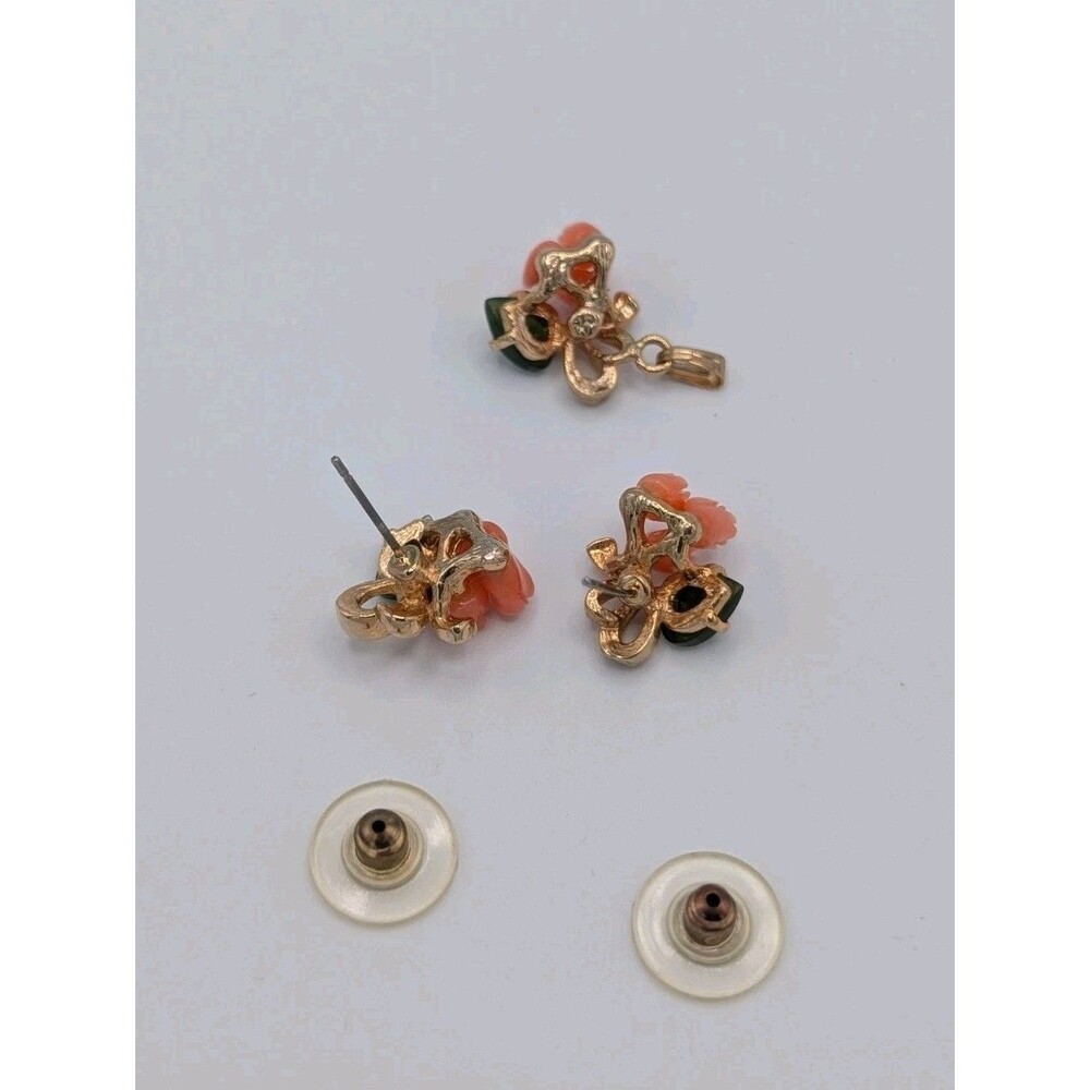 Vtg Set Angel Skin Coral Jade Stone Flowers Leaves Gold Plated Pendant Earrings image 6